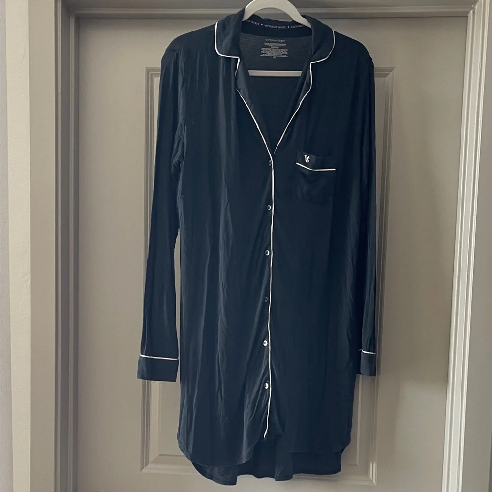 Victoria's Secret Black Modal Button-Front Sleep Shirt with Pink Trim - Picture 1 of 5